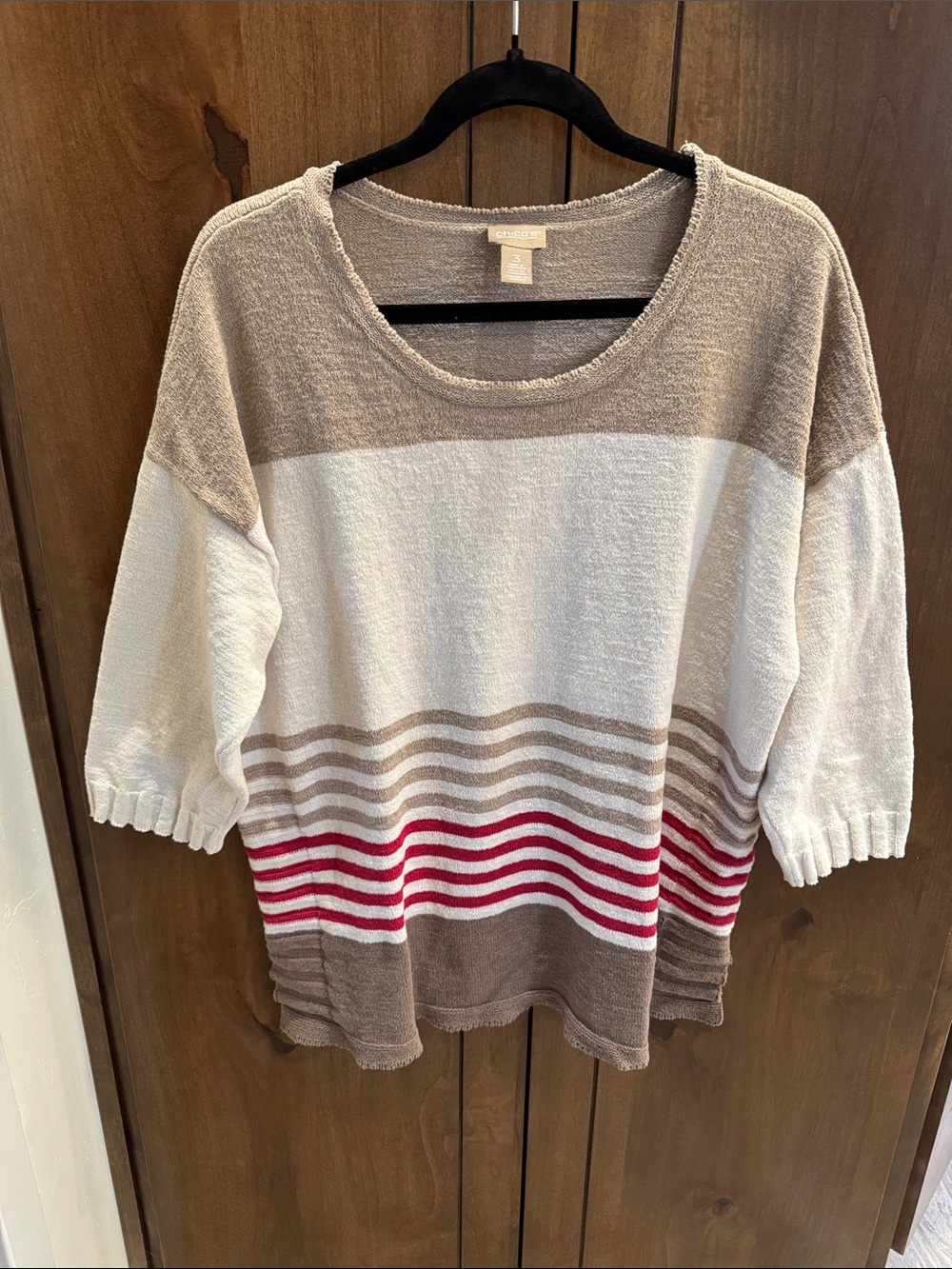 Chico’s Cream Taupe and Red Striped Scoop Neck Sweater